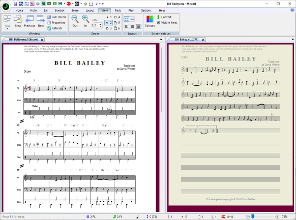A view showing a score and one of the parts side-by-side. score and part